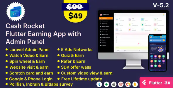 Cash Rocket Flutter Online Earning App with Admin Panel